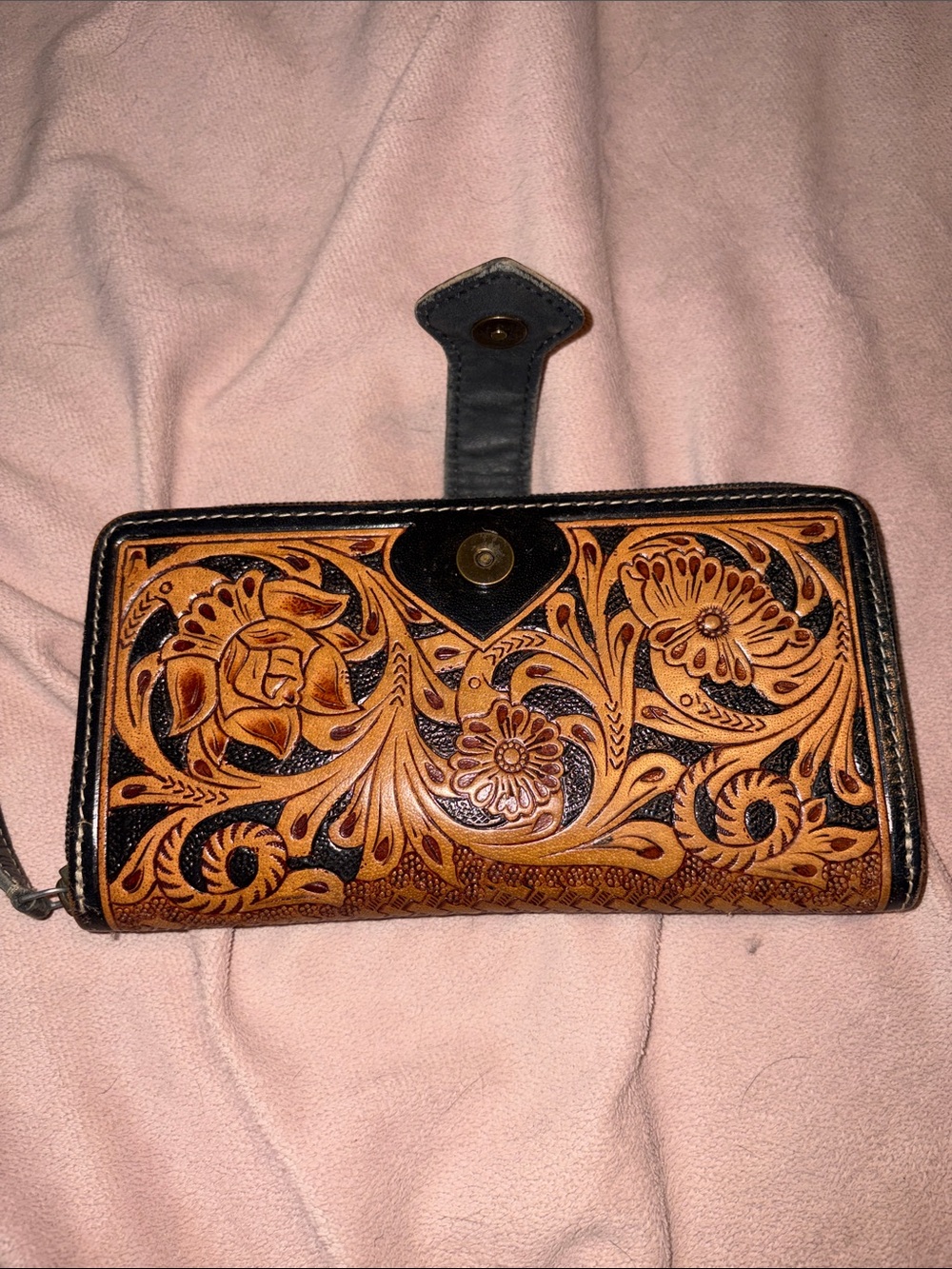 Hand-Tooled Floral Leather Wallet with Turquoise Accent - Brown/Black - Picture 6 of 6